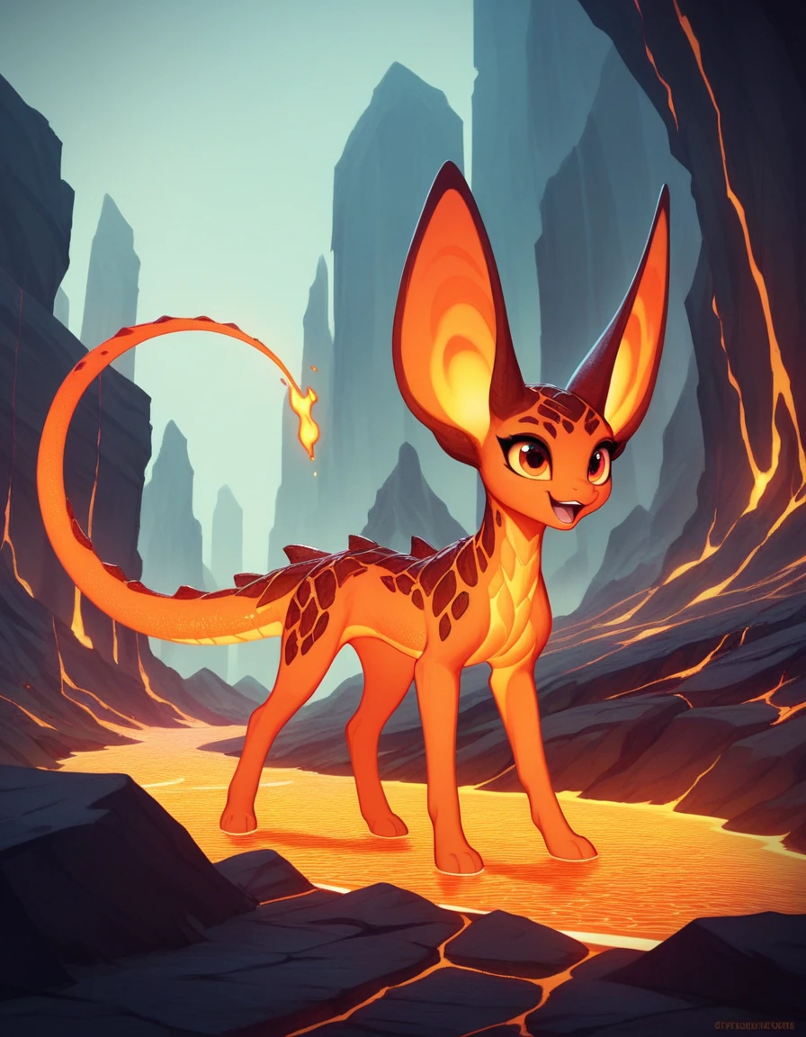 Feral fire monster ,ALL four , Lava body , Cool Designer ,big Mouth ,big ears,lava city