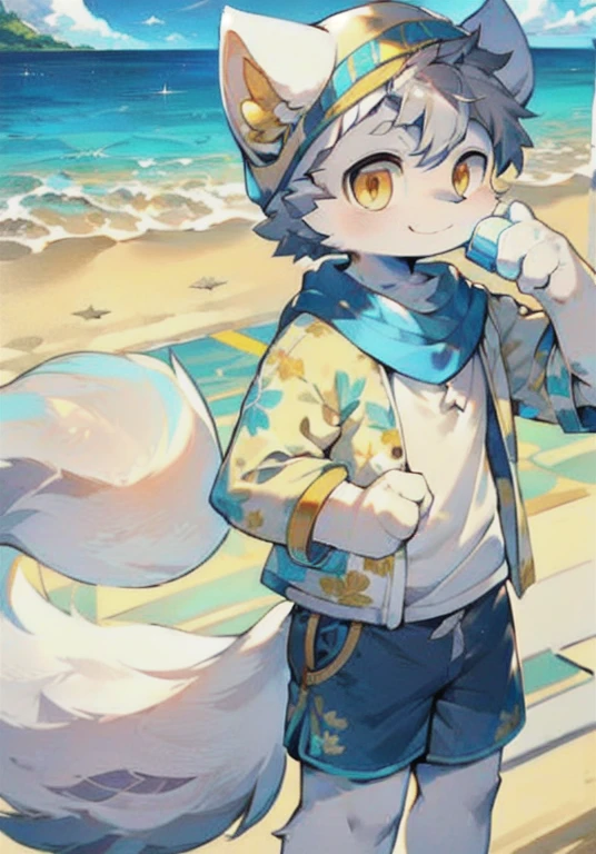 White male cat，The Boys，Fascinating，Q version，，Big furry tail，Wool pad，，Golden Eyes，，Detailed background，On the Beach，Wearing a headscarf，Open floral shirt，Blue floral shorts，Sunlight，seaside，Handheld water gun，Smile happily，Silver Hair