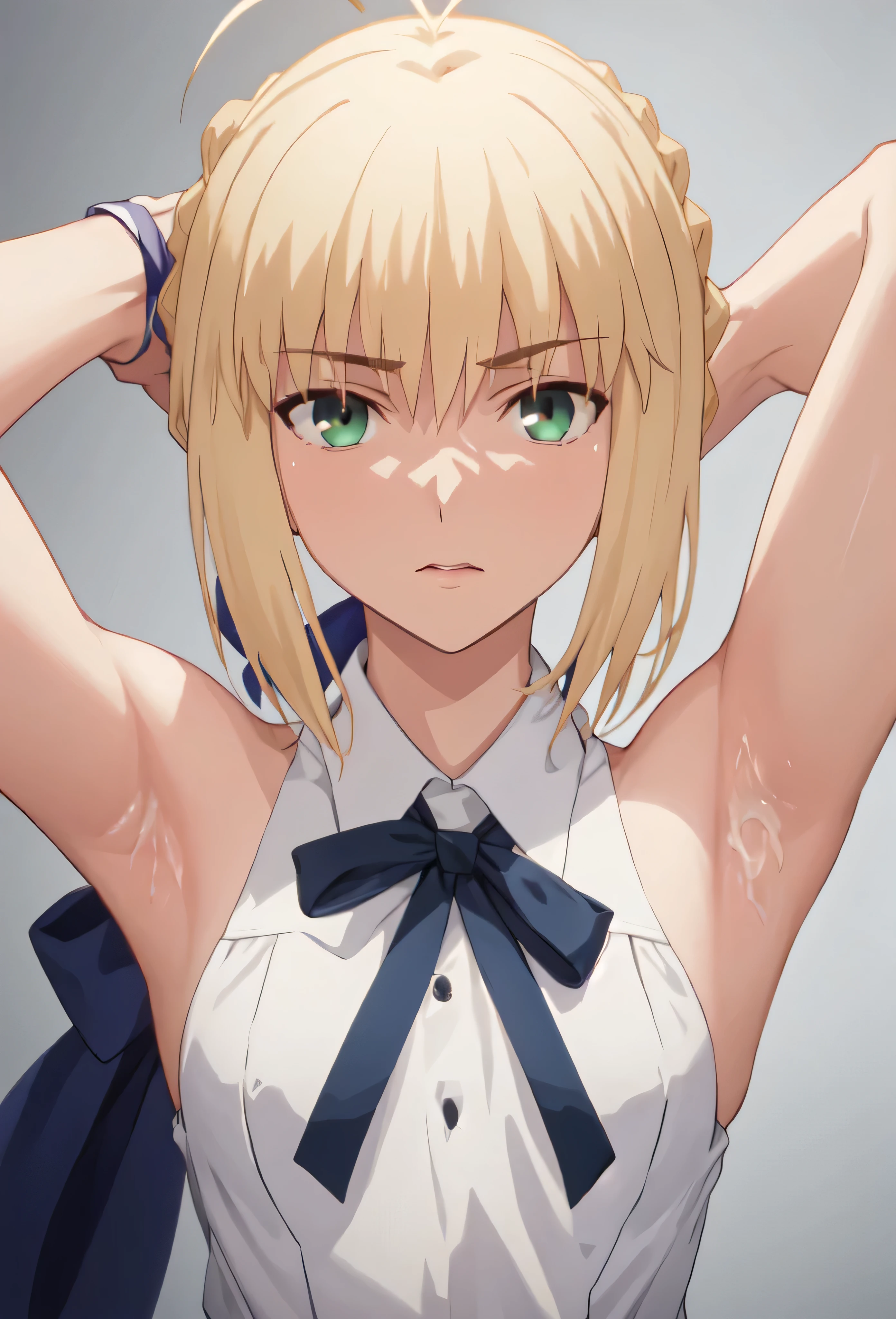 best quality, masterpiece, highres, solo, ((saber_fatestaynightufotable:1.10)), 1girl, white shirt, style parody, neck ribbon, anime coloring, upper body, looking at viewer, anime_style, 9 ,Armpit,cum on Armpit,penis,