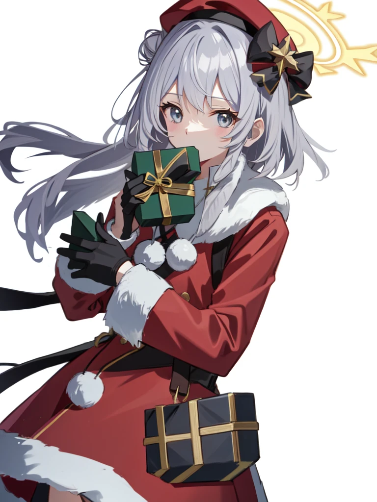 halo, breastplate, beret, Christmas, Silver Hair, box, , 赤いCoat, Coat, bow, White background, Hair Bun, gloves, Gray Eyes, Alone, Have, Red headdress, Long sleeve, View your viewers, One girl, gift, Simple Background, holding, Opening the mouth anatomically correct, beret帽, Long Hair, Vertical Roll, 