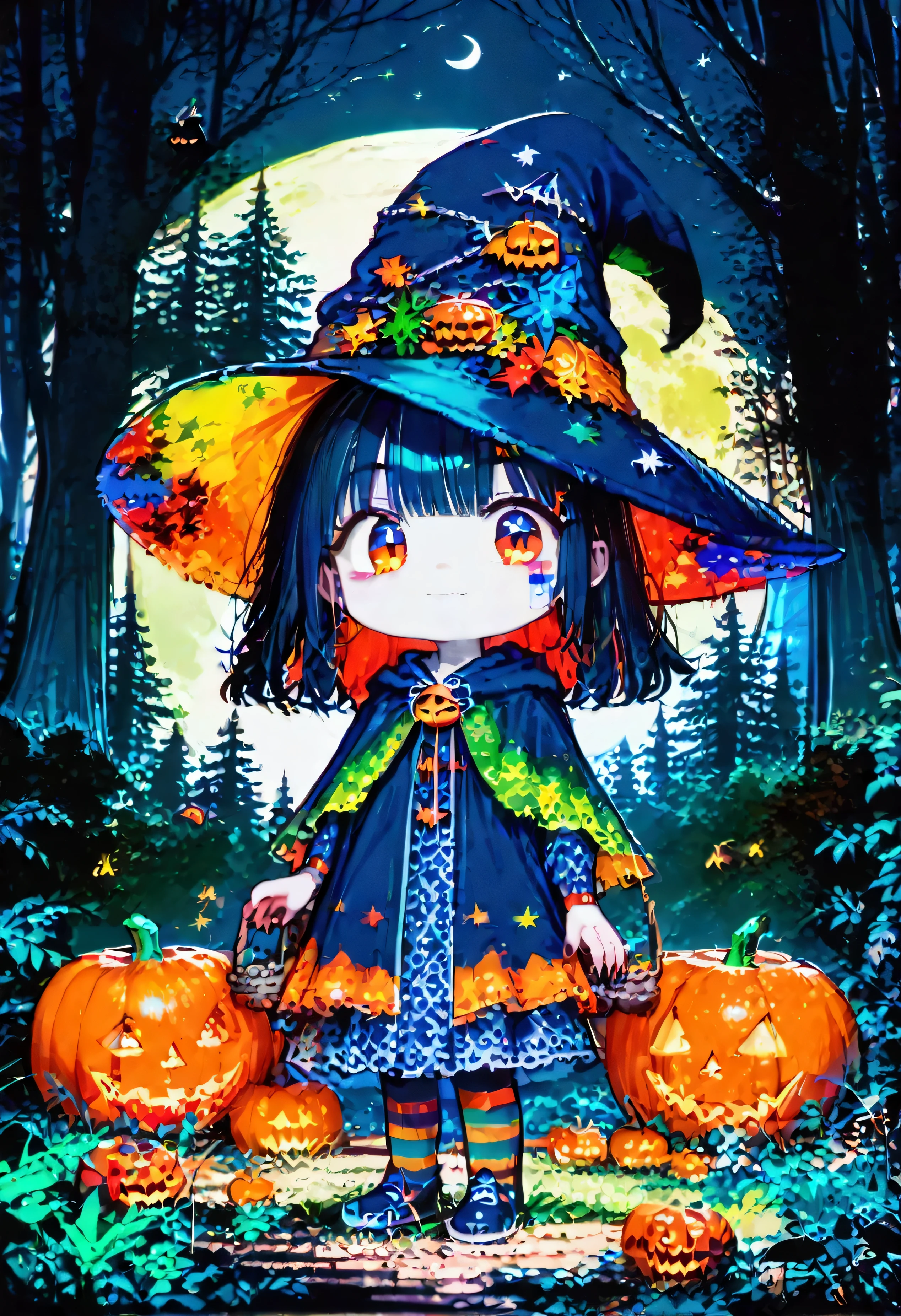 hzk,score_9, score_8_up, score_7_up, score_6_up, score_5_up, score_4_up ,(solo:1.8),1girl\((witch:1.7),(chibi:0.5),cute,big eyes,white skin\),trees,moon,((jack-o'-lanterns)),(f3nn3r:1.8),(colourful,vivid, pink, blue, black, red, trippy:1.6)