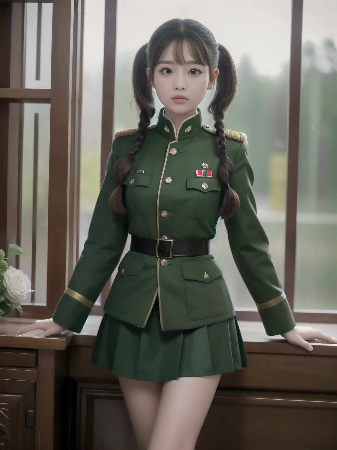 Pigtails、Chinese military uniform、Petite women、Ultra HD、Masterpiece、Young､Pure、Cold weather clothing，Ye Wenjie、mini skirt、Old military uniform、Trisomy、A plain light green military uniform、cosmic telescope、