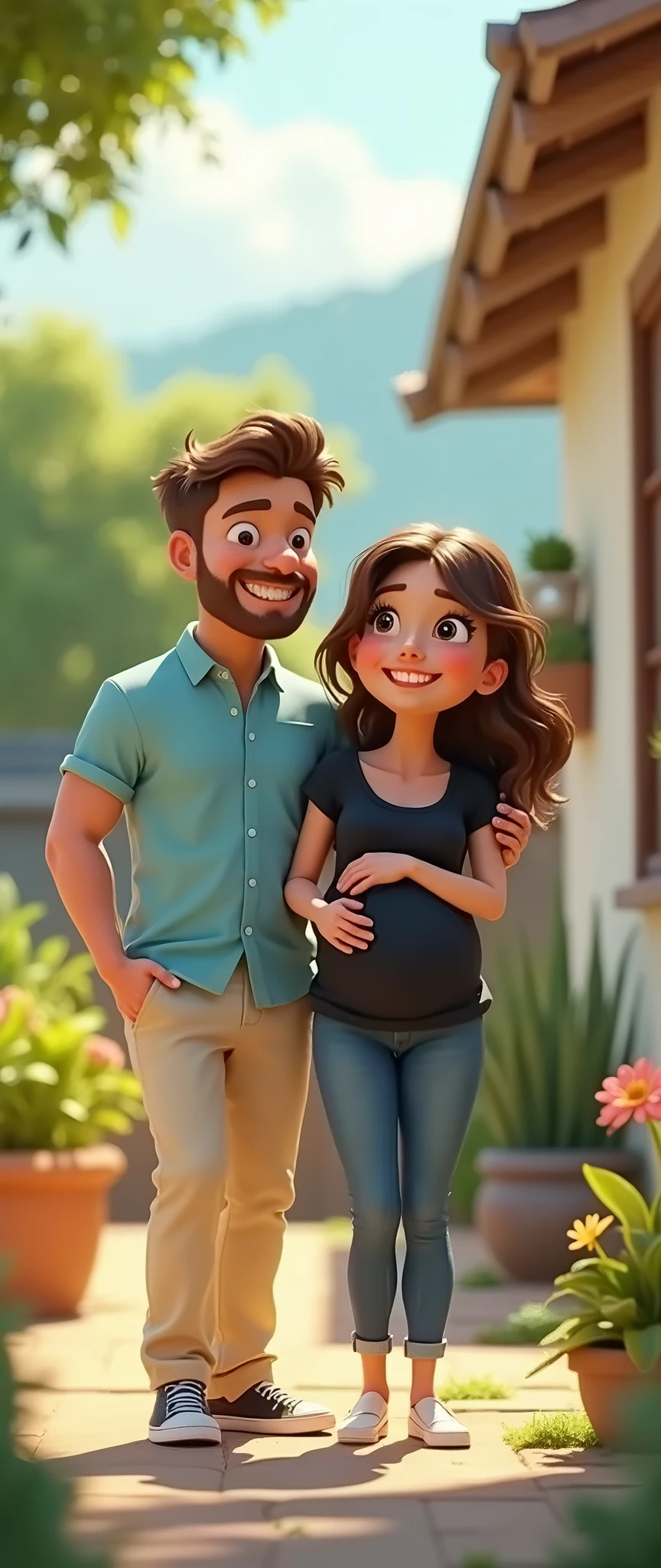 Cartoon of pregnant couple having fun at house together,  3D Animation Movie Poster, Poster de filme animado, pixar 3 d animation style, pixar renderman rendering, maia 8 mil, animated film, Disney Pixar Estilo 3D, amigos felizes saem juntos, all wearing black shirts and blue jean long pants, camisa azul clara, cream brown pants, ao ar livre, vacation, Disney Pixar Animation Poster