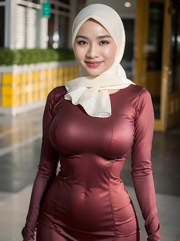 3, Hijab Indonesian mature woman, hardware store, Slim body, tight long sleeve dress, Breast about To burst out, blur background, bokeh, smiling, elegant, detailed skin, 