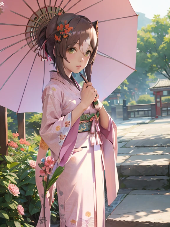 There is a woman wearing a kimono and holding a flower-patterned umbrella......, in a kimono, in a kimono, Kimono, pale and coloured kimono, Wearing kimono, wearing pink silk robe, japanese kimono, shikamimi, sakimichan, In pink silk robes, Anime Girl , goddess of Japan, portrait a woman like reol, Wearing a kimono