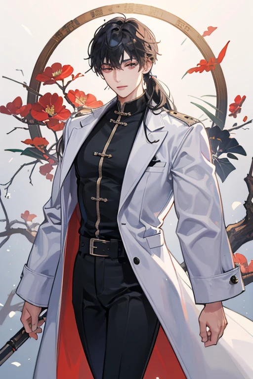 A muscular Chinese handsome man with waist-length hair，About 1，Eye color is 66A9C9，Wear a white coat，Black fitted top，Black trousers，Looks young，Prominent Adam&#39;s apple，whole body，Directly opposite，Protruding crotch