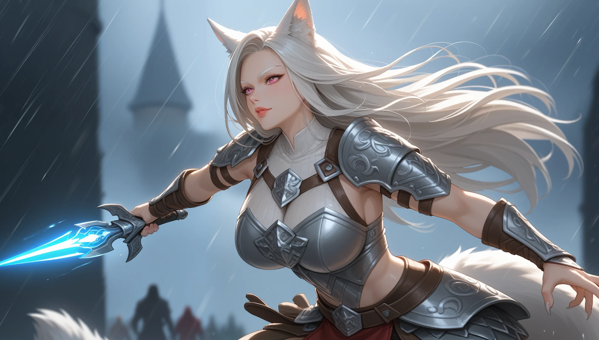 score_9, score_8_up, score_7_up, (1girl, solo, wolf girl, wolf ear, wolf tail, choco skin, brown skin, long silver natural hair with side-swept-hairstyle, pink eyes, white eyelash, white eyebrows, upper body, white hair, sagging huge breast), medieval clothes, viking armor, blurry, lips, raining, open-field war, Valhalla, dynamic angle, vibrant color, dramatic, no-nsfw, full body, (dramatic-running, dodging arrows, claw, armored-claw, diagonal-shot, close up, fast effect, wolf-like-run