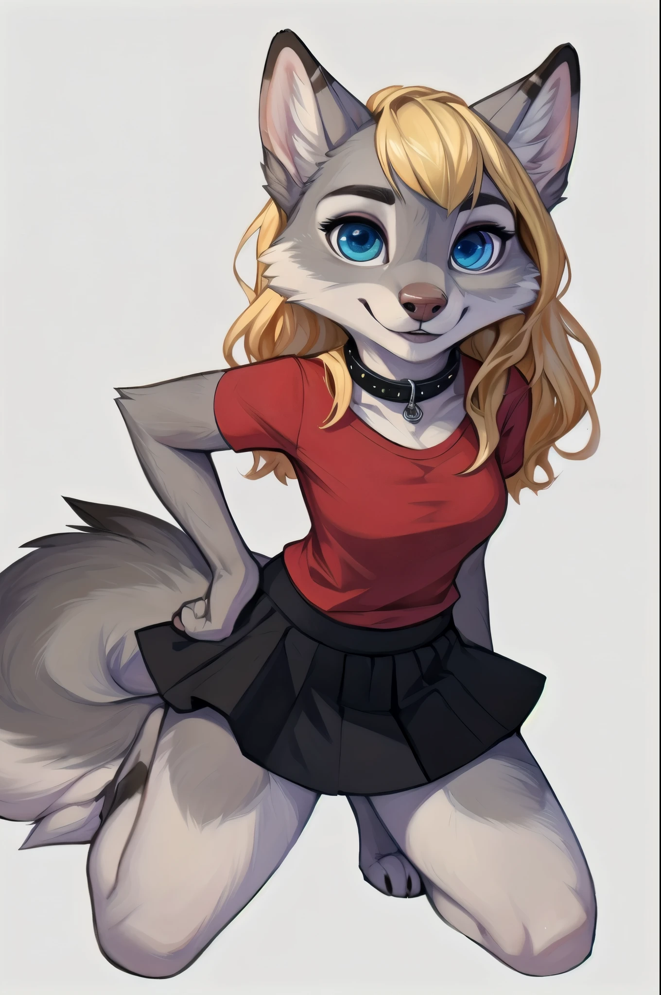 wolf furry girl,blonde,long hair,looking at viewer,crossed bangs,blue eyes,high detail eyes by Glacierclear, by Ulitochka, by Levelviolet, by Zephyxus, (red shirt)1.2,black skirt,(high detail grey fur)1.2,punk collar,zootopia, fur paws (white background)1.1,masterpiece,highres,8k,(sharp)1.15, 