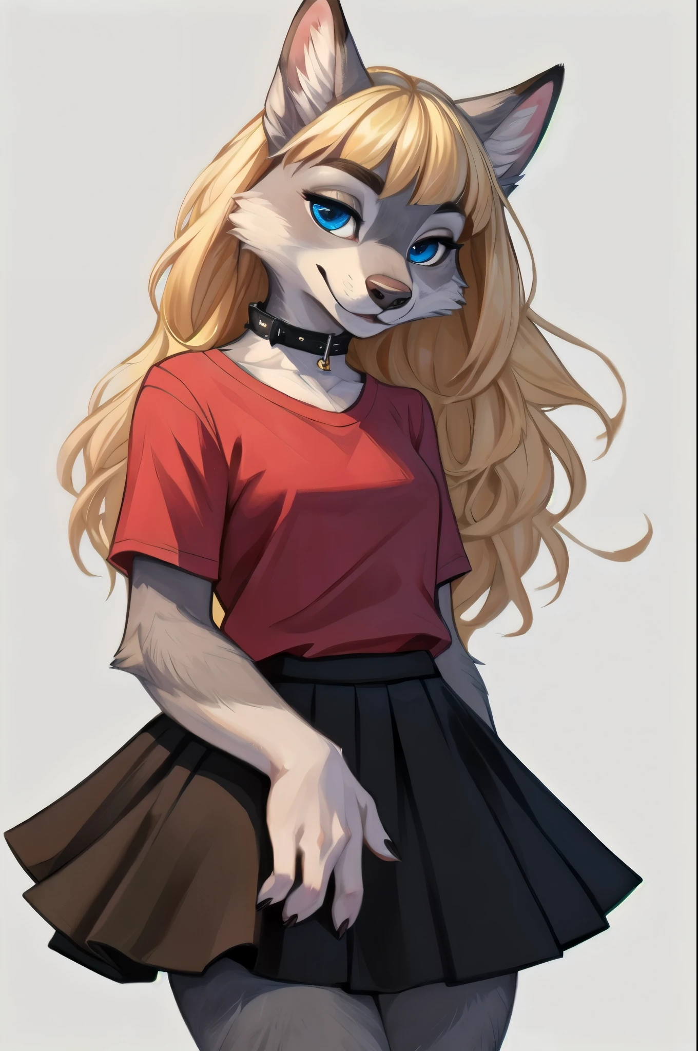 wolf furry girl,blonde,long hair,looking at viewer,crossed bangs,blue eyes,high detail eyes by Glacierclear, by Ulitochka, by Levelviolet, by Zephyxus, (red shirt)1.2,black skirt,(high detail grey fur)1.2,punk collar,zootopia, fur paws (white background)1.1,masterpiece,highres,8k,(sharp)1.15, 