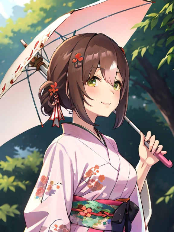 There is a woman wearing a kimono and holding a flower-patterned umbrella......, in a kimono, in a kimono, Kimono, smile,pale and coloured kimono, Wearing kimono, wearing pink silk robe, japanese kimono, shikamimi, sakimichan, In pink silk robes, Anime Girl , goddess of Japan, portrait a woman like reol, Wearing a kimono