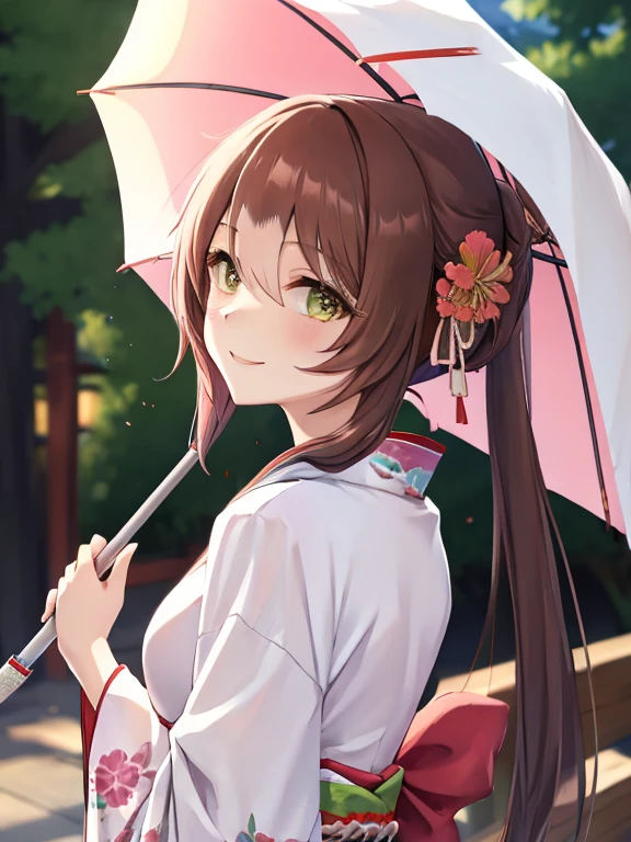 There is a woman wearing a kimono and holding a flower-patterned umbrella......, in a kimono, in a kimono, Kimono, smile,pale and coloured kimono, Wearing kimono, wearing pink silk robe, japanese kimono, shikamimi, sakimichan, In pink silk robes, Anime Girl , goddess of Japan, portrait a woman like reol, Wearing a kimono