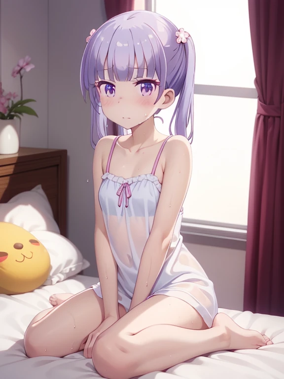 (masutepiece, Best Quality, hight resolution, nffsw, Perfect Pixel, depth of fields, 4K), 
1girl in,  , Beautiful anime girl, 
Looking at Viewer, 
Perfect body,  

 aoba suzukaze, ribbon, dim

、  nightgown, bare shoulders, ,, , , wet hair, , sweat,,,  , ,, indoor , bed room, on bed, thighs, bare foot, blush,