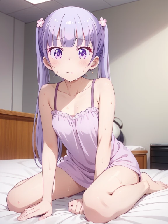 (masutepiece, Best Quality, hight resolution, nffsw, Perfect Pixel, depth of fields, 4K), 
1girl in,  , Beautiful anime girl, 
Looking at Viewer, 
Perfect body,  

 aoba suzukaze, ribbon, dim

、  nightgown, bare shoulders, ,, , , wet hair, , sweat,,,  , ,, indoor , bed room, on bed, thighs, bare foot, blush,