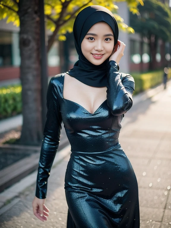 one Malay 36yo mature supermodel wearing hijab and long sleeve short dress sitting on a bench, ((very detailed face)))), ((very detailed eyes and face))), best quality, original, masterpiece, super fine photo, best quality, super high resolution, realistic realism, sunlight, full body portrait, amazing beauty, dynamic pose, soft curves, vibrant eye from the front), detailed complex busy background, gorgeous, highly detailed skin, realistic skin details, visible pores, clear focus, volumetric fog, 8k uhd, DSLR, high quality, film grain, fair skin, photo realism, lomography, ((happy, smiling))