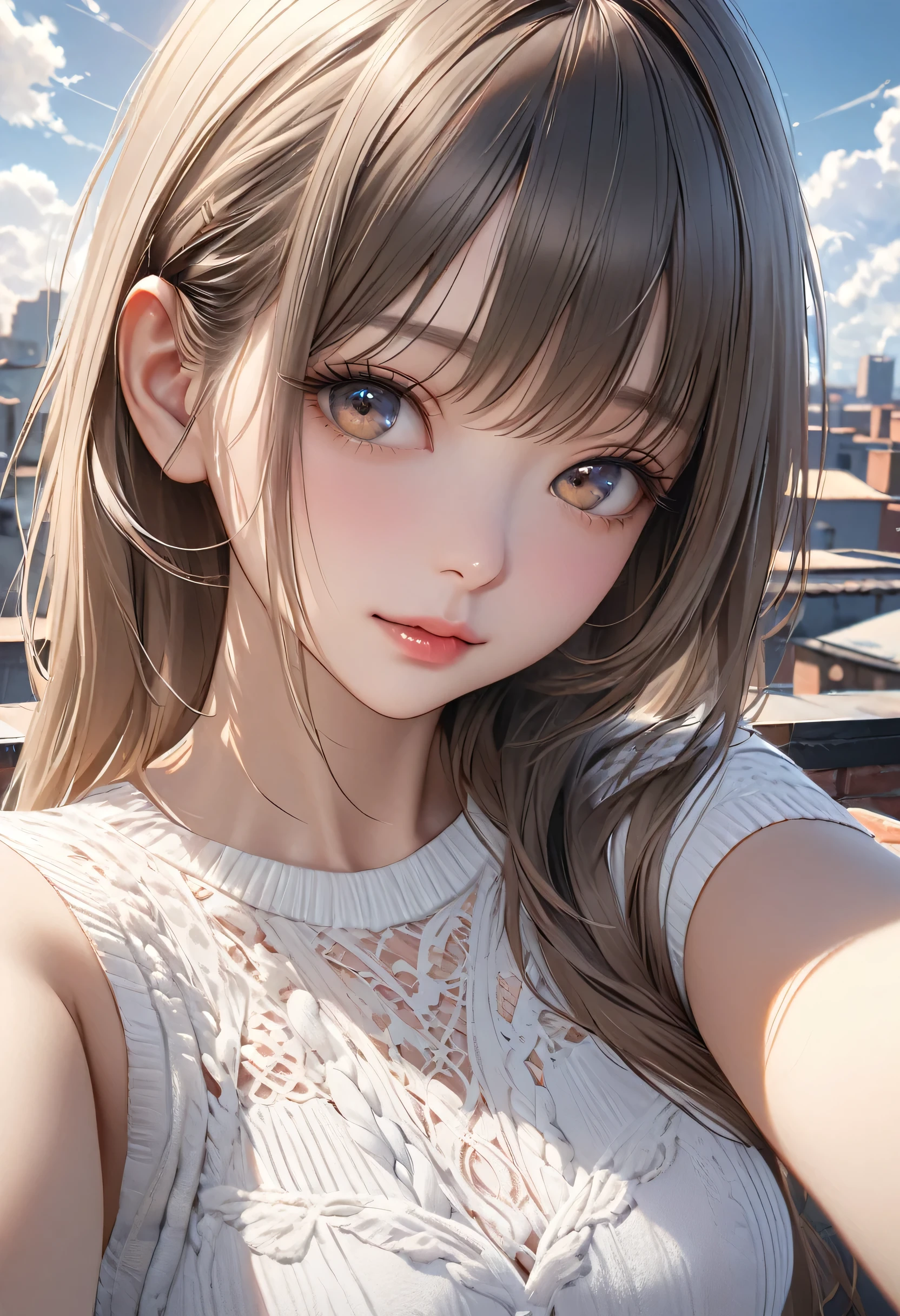 Blushing lightly and smiling, (Top quality masterpiece:1.2) Delicate illustrations, Very detailed, /Beautiful Japanese Woman、1 person,Very cute and slim、Excellent style 、((8K images、super high quality))、Very delicate face, Beautiful forehead、Beautiful thighs、Beautiful feet、Deep red lipstick,(((((Semi-long hair、Light brown hair、Blonde hair))))),very cute、Kind eyes,(Black Lingerie)、starry skies、Tokyo night view、Hotel、Date