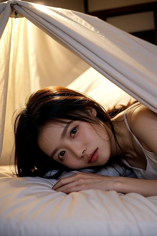((highest quality, masterpiece :1.3)), Photorealistic、Ultra-high resolution、Natural skin texture、Hyperrealism、Reflection from the waist up、Beautiful Japanese girl in her early teens、One girl、Rope bondage、Lying in bed、Frightened expression、Tears flowing