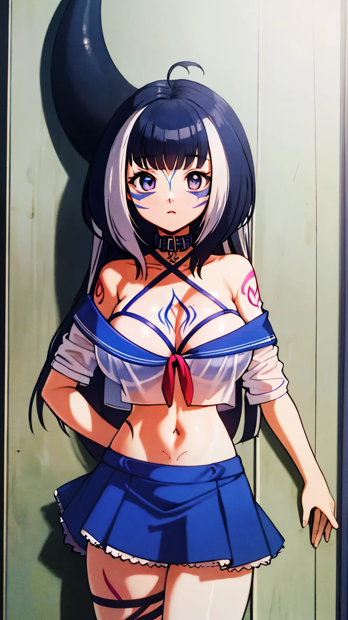 retro artstyle
shylilyfirst, large breasts, cleavage, skirt, shirt, bikini, bikini under clothes, off-shoulder, see-through, see-through shirt, thigh strap, navel, sailor collar, school uniform, halterneck, criss-cross halter, facial mark, tattoo, cetacean tail,