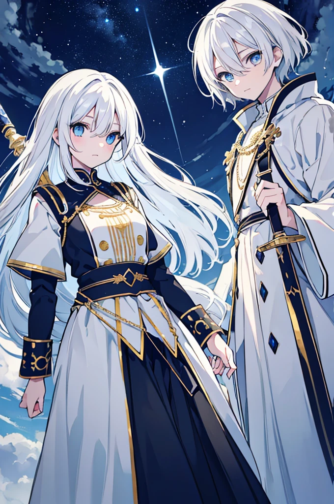 Old hair,White hair, Blue eyes, The appearance of the sky, A god-like being from mythology, The night sky above the sky,Walking and gesturing upwards, A gorgeous and beautiful look in black and white,Gender Female, Hair that shines like moonlight, The sight of a blue sword falling like a star,Thick eyes, 2 female