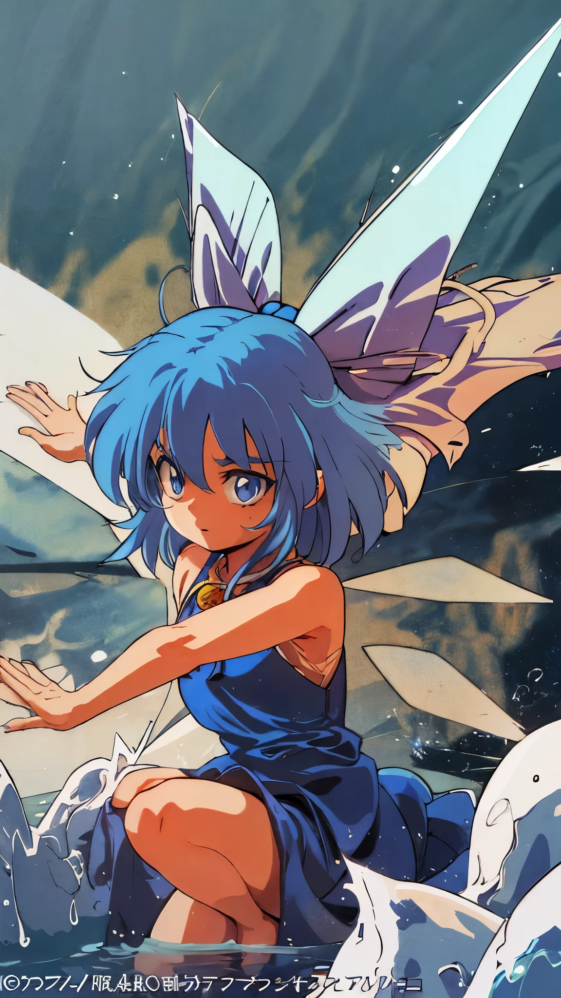 retro artstyle Cirno_Touhou, 1girl, cirno, solo, blue hair, bow, hair bow, short hair, blue eyes, blue bow, wings, ice, ice wings, dress, blue dress,