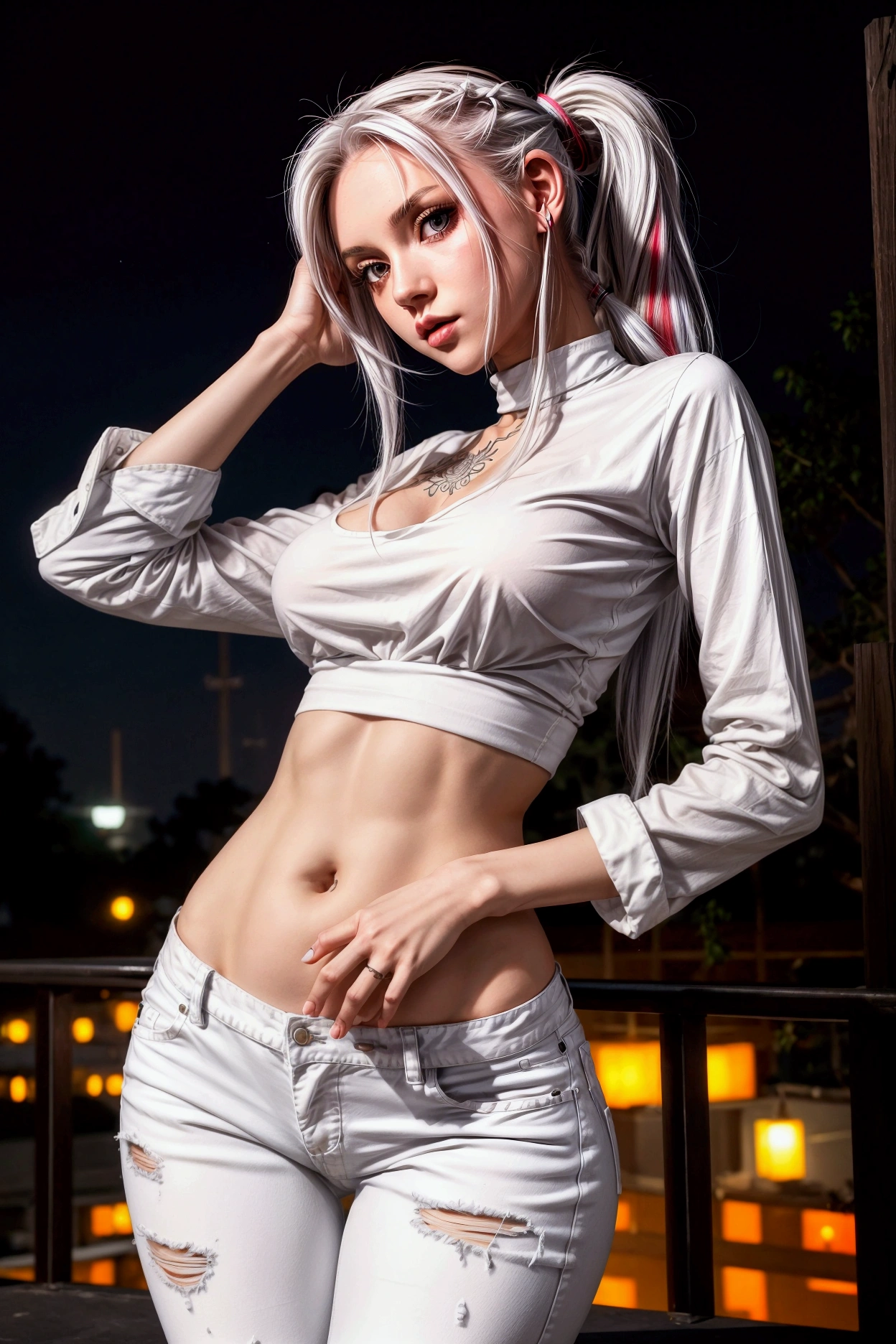 girl, sexy pose, white jeans, Long ponytail, multicolored hair, hips, legs, thin narrow waist, tight white shirt, (tatooes on belly), night time, night tokio background, night lights