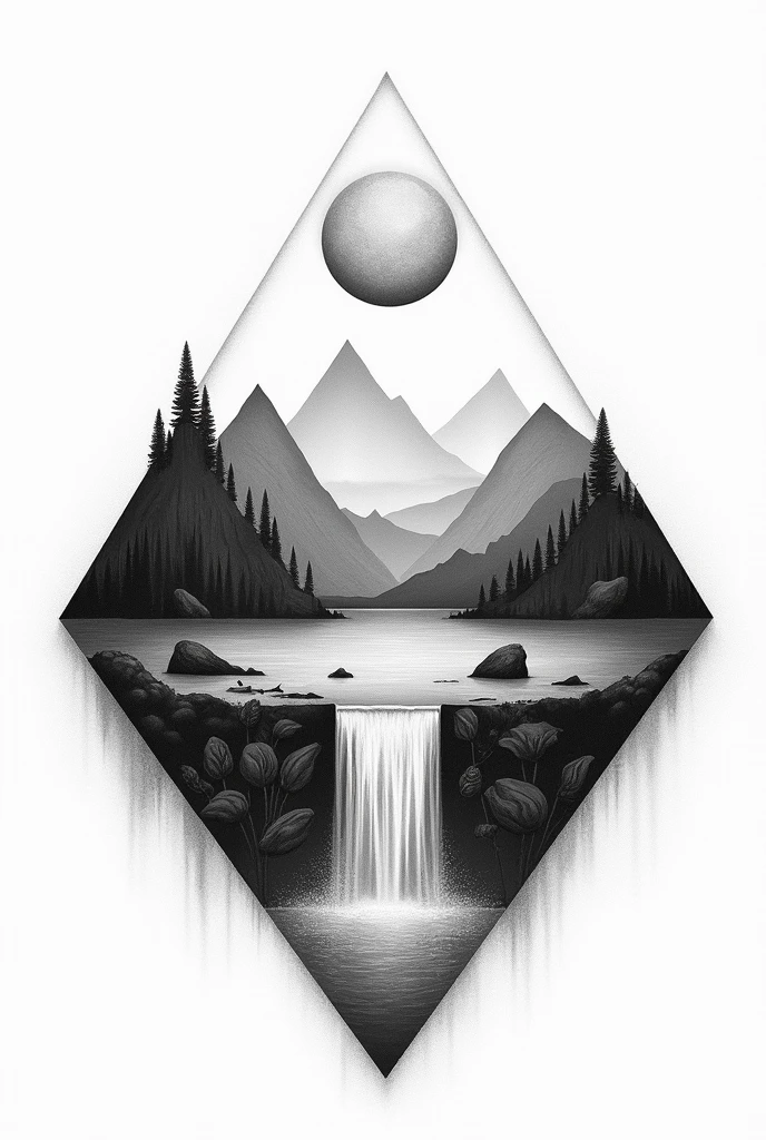 drawing a landscape tattoo (minimalistic), skull, gems, woods, diamond, (a triangle)