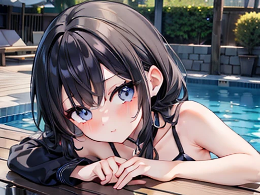 1 girl, watery big eyes*Su Jiushui*Wet hair*hair splayed out*ear studs*swimmingpool>,, LowRa:Add to_the detail:1