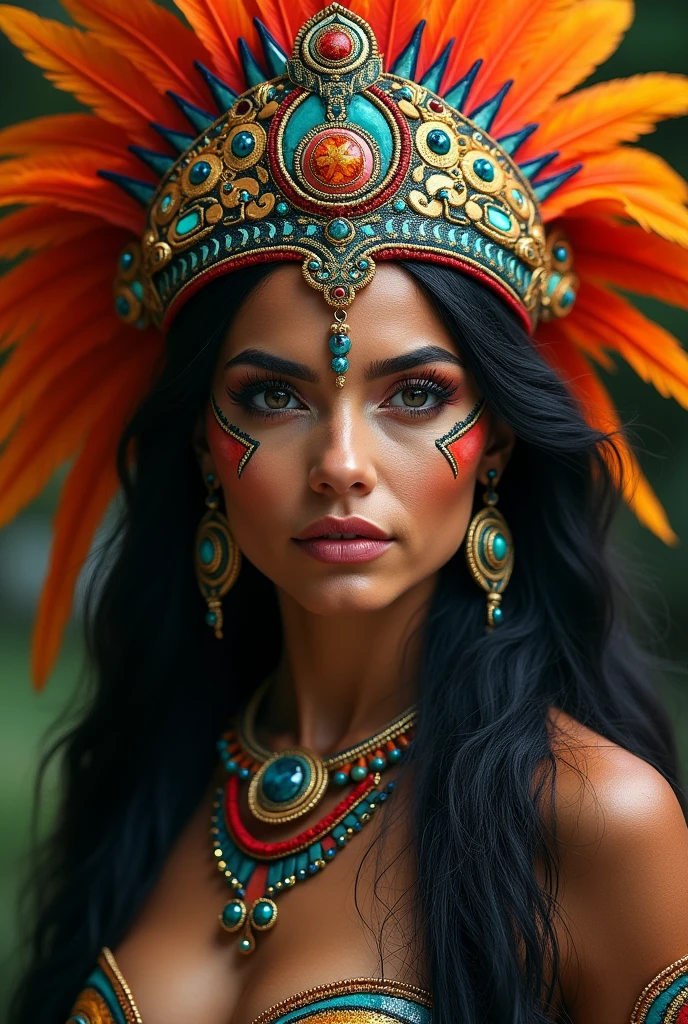 beautiful detailed eyes, beautiful detailed lips, extremely detailed eyes and face, long eyelashes, gorgeous Aztec priestess, 23 years old, full body shot, bloody ritual, dark atmosphere, black storm clouds, cinematic lighting, dramatic contrast, vibrant colors, oil painting, intricate details, chiaroscuro, hyper realistic, museum quality