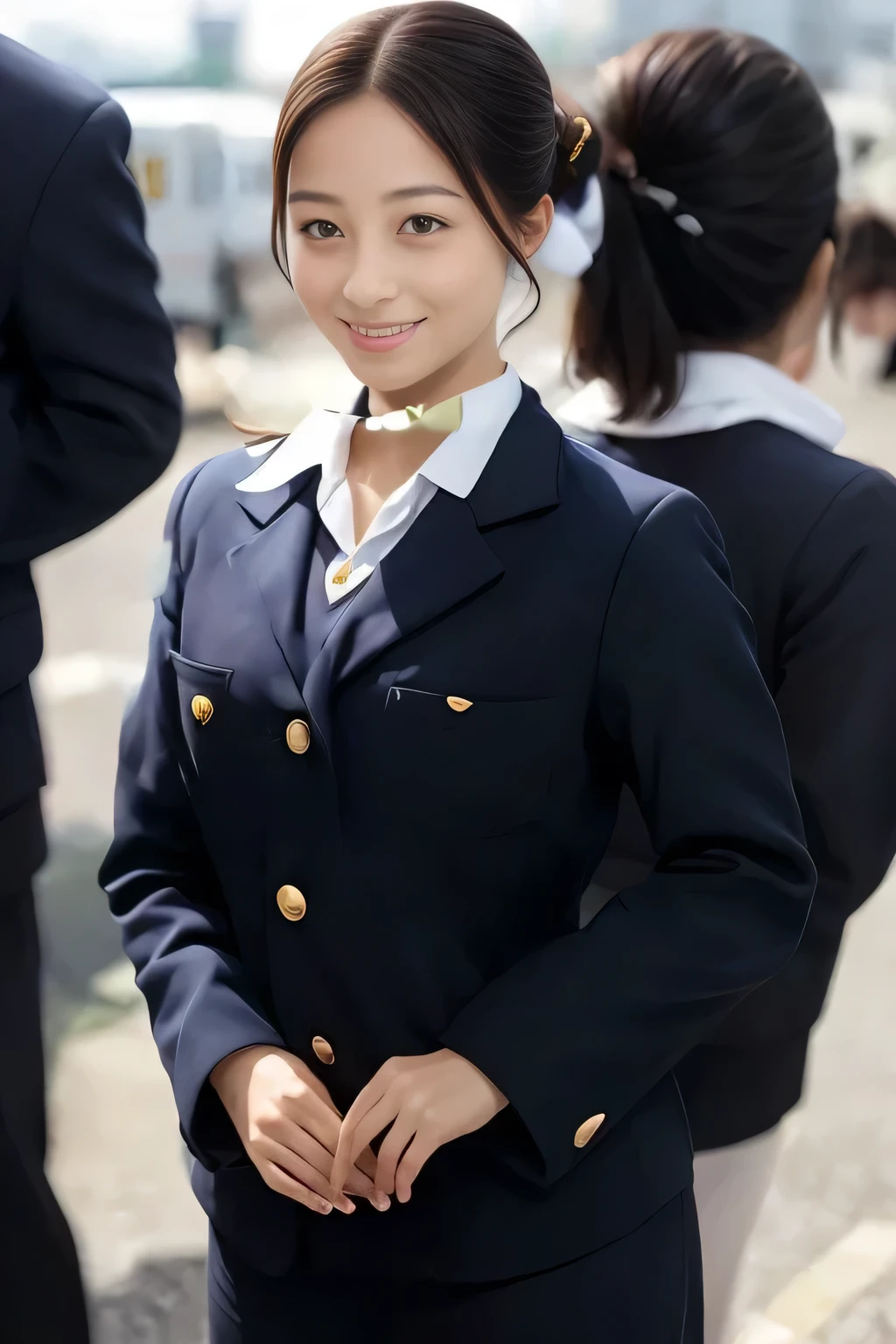 (masterpiece:1.2, Best Quality:1.2), 32K HDR, High resolution, (Alone、1 girl)、(On the roof of a building during the day、Professional Lighting)、Building rooftop background、(Japan Air System cabincrew Uniformを着たリアルスタイル)、((Japan Air System cabincrew uniform jacket with buttons on both breast pockets、White short sleeve blouse 、 Jumper skirt、Scarf around the neck))、Dark brown hair、(Long Hair、Hair tied up、Hair tied up)、Dark brown hair、Long Shot、Big Breasts、Thin legs、((Great hands:2.0)),((Harmonious body proportions:1.5)),((Normal limbs:2.0)),((Normal finger:2.0)),((Delicate eyes:2.0)),((Normal eyes:2.0)))、smile、(Japan Air System cabincrew Uniformを見せた美しい立ち姿)、Hands down