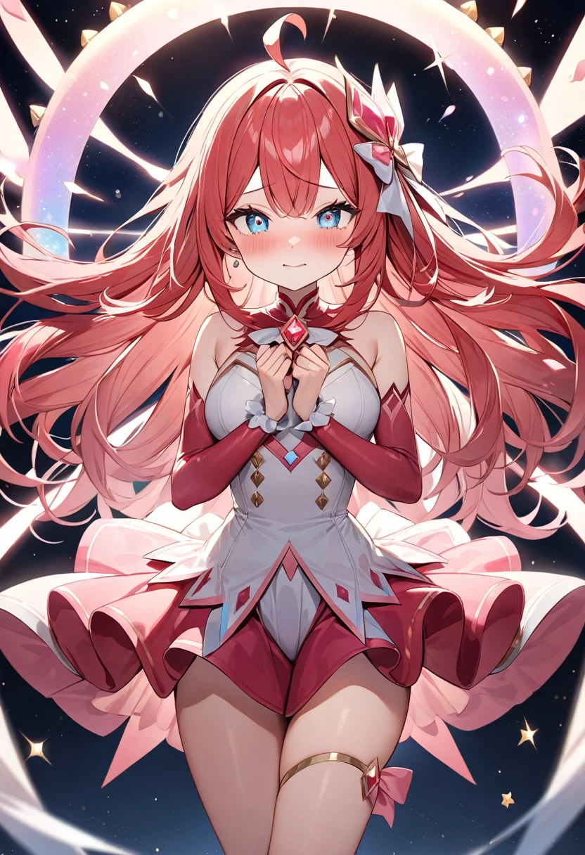 1 young woman, (((extremely cute and beautiful))), (((smile))), (((open mouth))), (((fully exposed neckline))), (((medium breasts))), (((thick thighs))), (((white top))), long hair, (((red hair))), ((full body)), shiny skin, (((Long twintails))), (((green eyes))), (((magical girl style))), (((magical girl uniform))), (((purple mini skirt))), (((Long gloves purple))), ((magic rod))), (((hair ribbon))), (((hair ties))), sparkling heart pink background, crystal light effect, ( Magic Effect: 0.9)