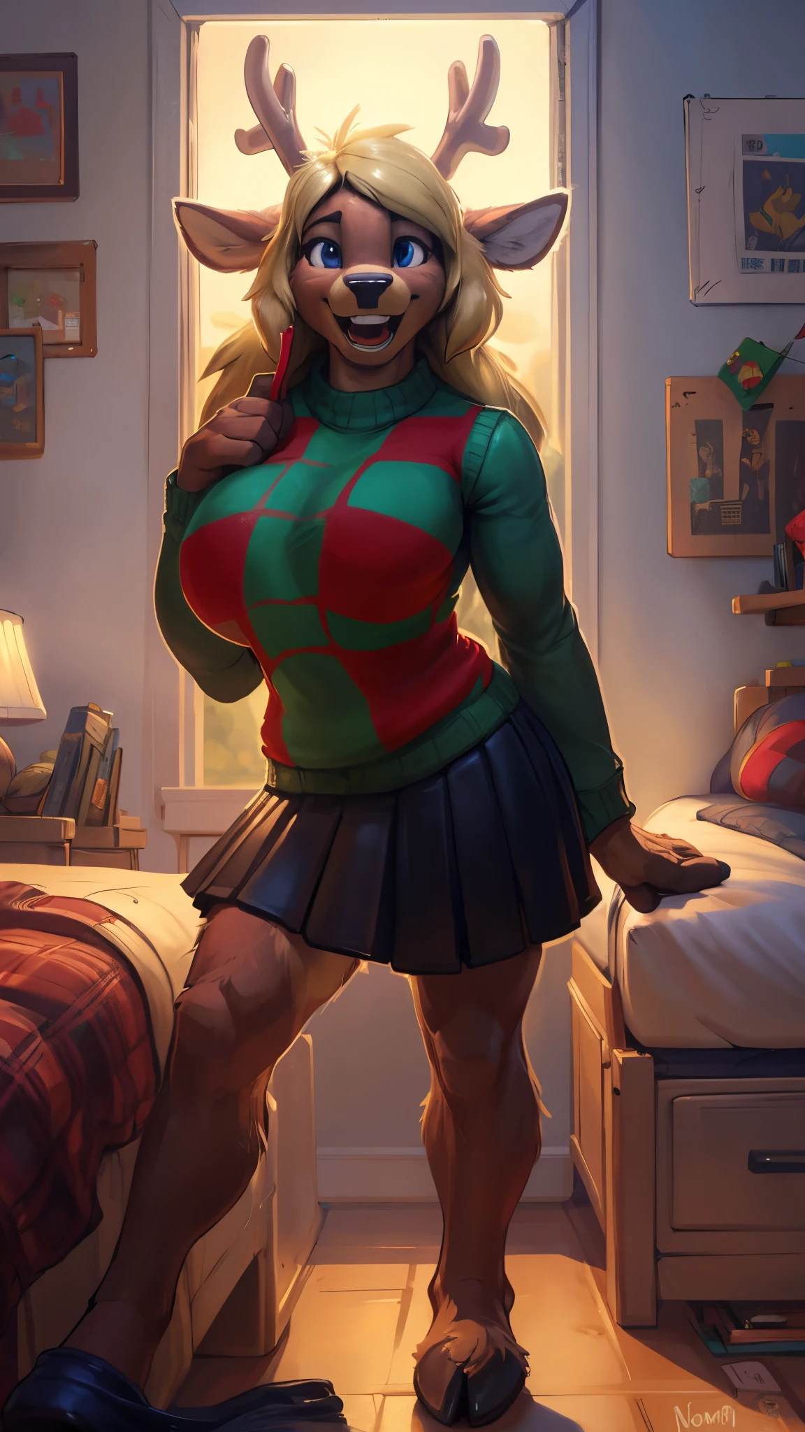 noelle, furry female anthro, deer girl, big teeth, tooth gap, standing, portrait, skirt, checkered sweater, solo, (body fur:1.2), (best quality), (bedroom:1.2), huge breasts, dramatic lighting, (detailed fluffy fur:1.1), looking at viewer, smile, open mouth, by darkgem, by nommz,