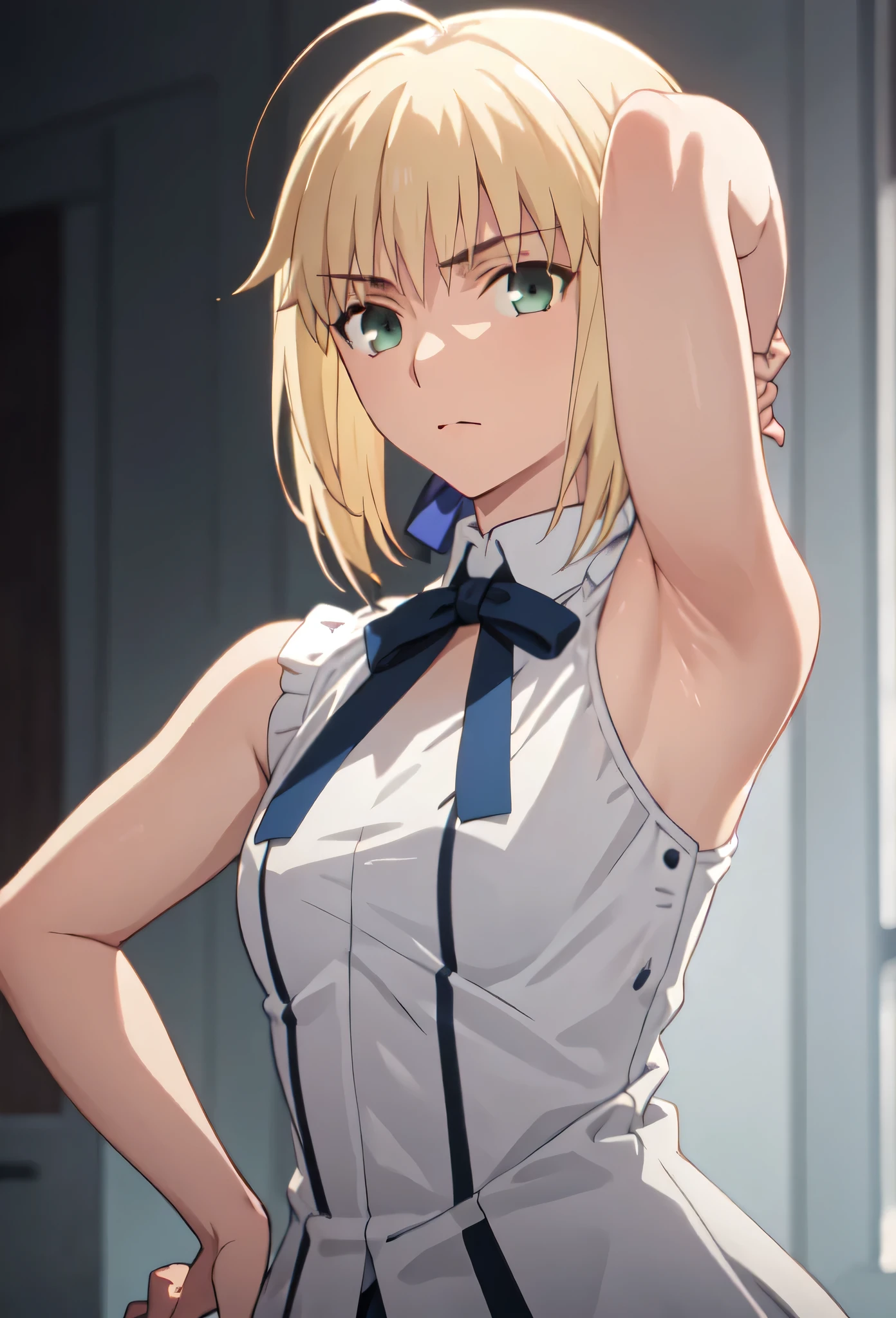 best quality, masterpiece, highres, solo, (saber_fatestaynightufotable:1.10), 1girl, white shirt, style parody, neck ribbon, anime coloring, upper body, looking at viewer, anime_style, 9 ,Armpit,