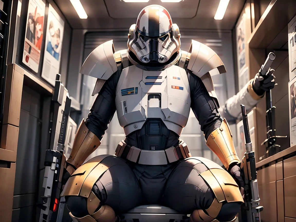 2d, masterpiece, best quality, 4k, 8k, ultra high resolution, hdr raw photo, sharp focus, photo realism, real life, detailed background, den wolf, (starwars_general grievouuscular, robot (sitting on bed), (wear police clothes, full body latex open jacket, harness, big penis, penis out, white fur, blush, naughty expression, (holding his dick), passionate, muscular man, tongue out, sweat , on a bed, detailed futuristic background, STAR WARS (set inside a spaceship), high resolution, perfect red eyes, (by null-ghost, by thebigslick, by darkgem, by honovy)