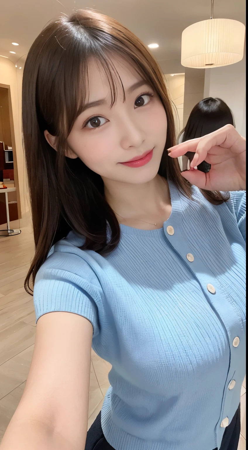 masutepiece, Best Quality, Photorealsitic, finely detail, hight resolution, 8K Wallpapers, Perfect dynamic composition, Beautiful detailed eyes, Medium Hair, poneyTail、Medium chest, Random and sexy poses,Bring your chest together、(Tight Blue Knitwear)、(Breast bulge)、A smile、open open mouth、The tip of the tongue is visible、Beautiful resort scenery、25-years old、(Drooping eyes 1.4)、Adult beauty、japanes、Raise one hand、Beautiful armpits