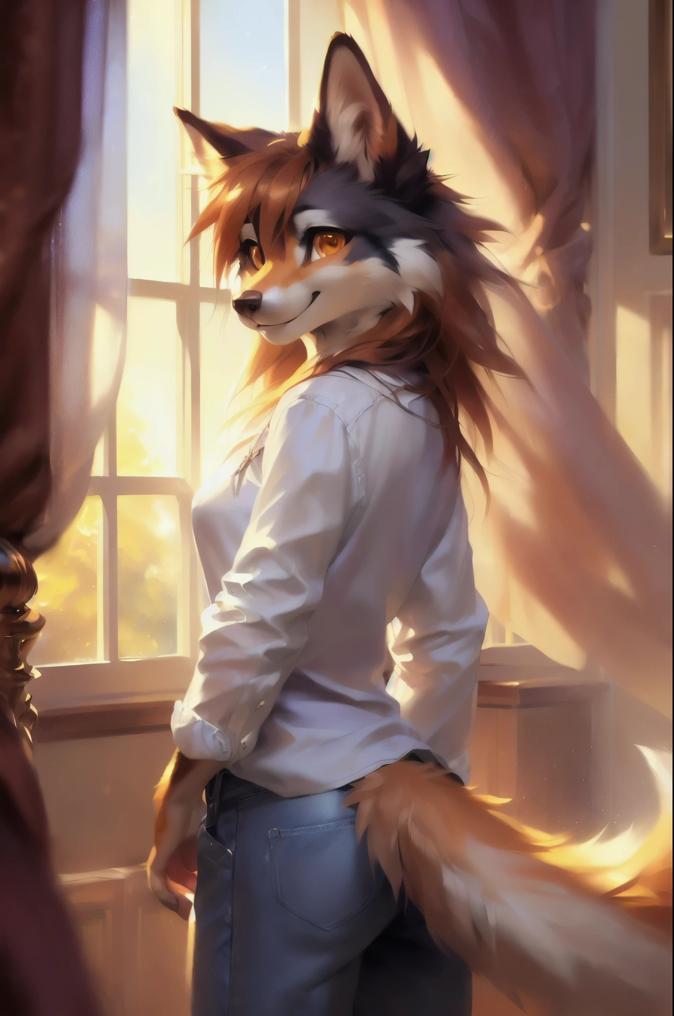 by kenket, by Zackary911, by hyattlen, by teranen, by fumiko, by Pixelsketcher, by Bayard Wu, by Einshelm, by Kilinah, by Hioshiru, by fluff-kevlar, by Dimwitdog, Furry, Anthro, ((Australian Shepard)), ((small)), ((short)), ((girl)), ((young)), ((lying on side)), fluffy butt, behind, white hair, desktop wallpaper