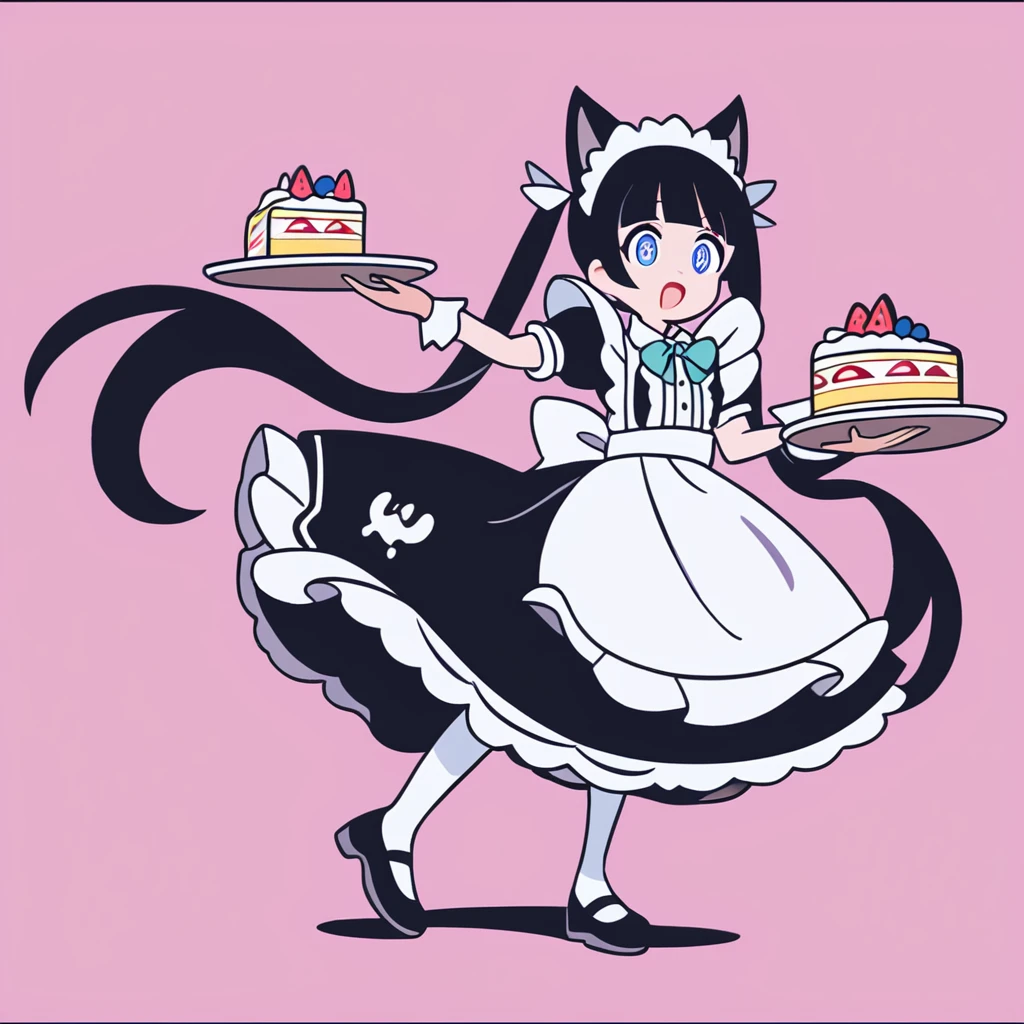 Anime-style catgirl maid character, twin tails, wearing a frilly black and white maid uniform, cute and playful expression, holding a tray with cake, standing in a dynamic pose, soft pastel pink background, clean line art, detailed eyes, high-quality shading, full body, expressive pose, lively and cheerful atmosphere, ultra-detailed, 8K, smooth and sharp, minimalistic background, 1girl , cinematic , black hair 