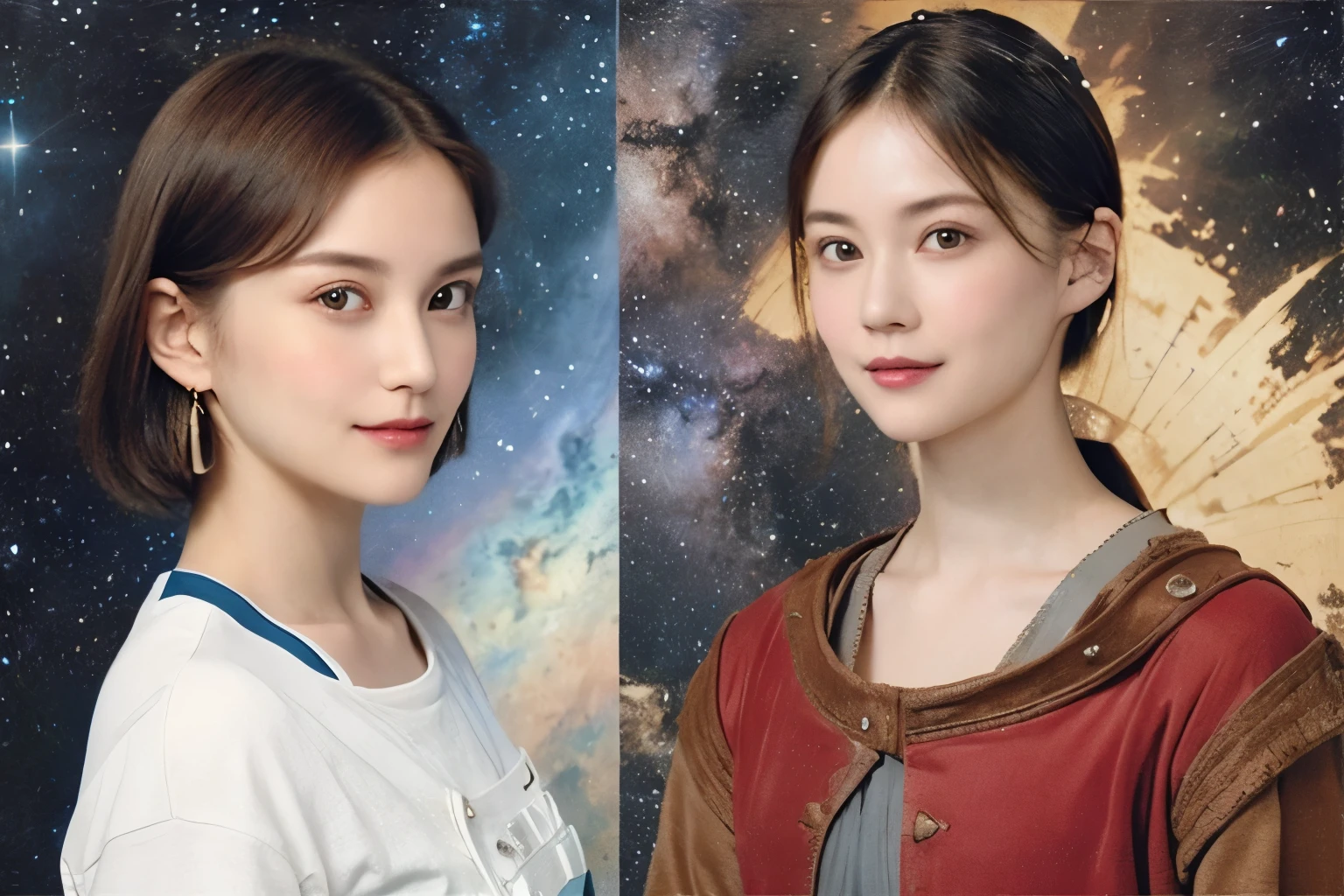 294 (20-year-old woman,short hair,20-year-old male), (A kind smile), ((Spaceship,captain)), (colorful), (Leonardo da Vinci paintings), flower, Space Suit, Pirate Ship, nebula, milky way