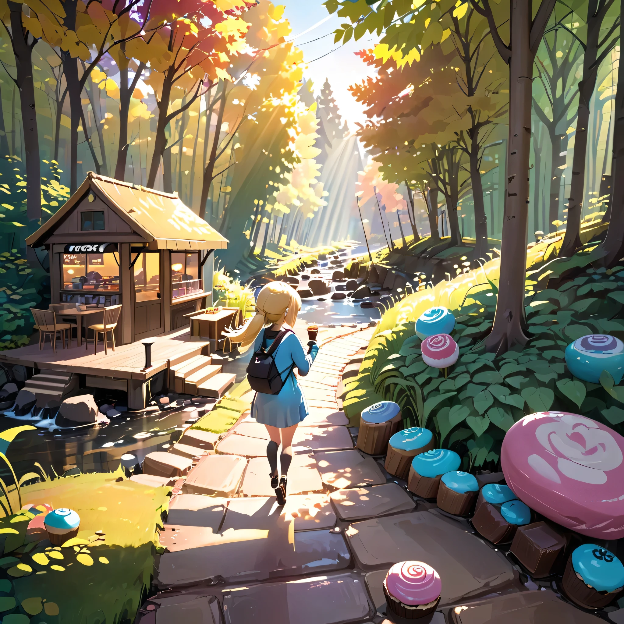 A colorful 3D cartoon girl walking down a forest path watching the sunlight filtering through the trees and a stream flowing towards her, with a coffee shop made of sweets