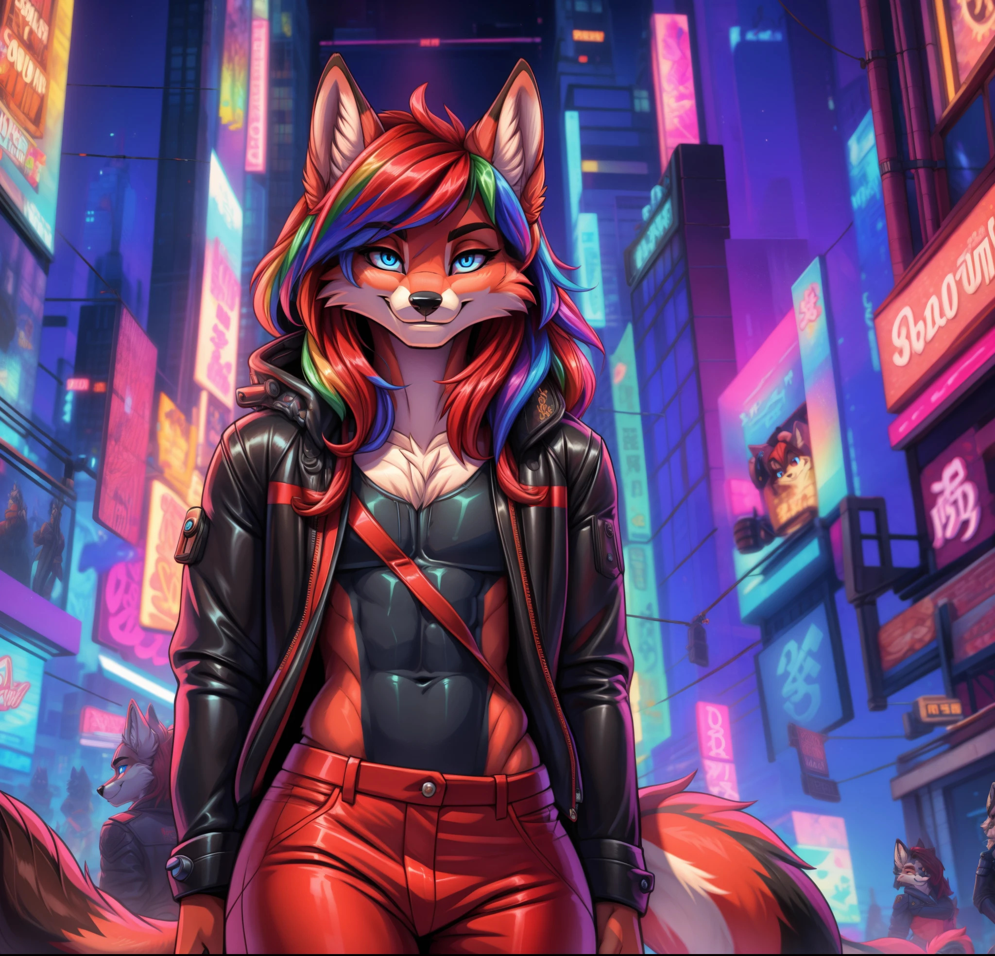 Best quality, Super detailed illustration, cartoon illustration, a furry male wolf, blue eyes, village clothing, detailed face and body, disheveled thick rainbow colored long hair, dark red fur, two-tone dark red fur, red wolf tail, black leather coat, red pants, smug smile, beautifully detailed eyes, against the background of Times Square in the cyberpunk era, retrowave, skinny, wide hips, style