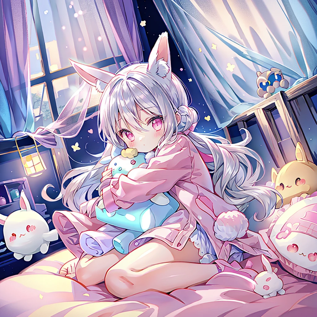 (NSFW:1.5) Cute Smol Happy 1Girl hugs her solo Cute Happy Eevee + Pokemon, Eevee hides in Girl's pajamas to show her head outside, warm lights, love, cozy bedroom, colorful, (close eyes) +, blanket --auto --s2