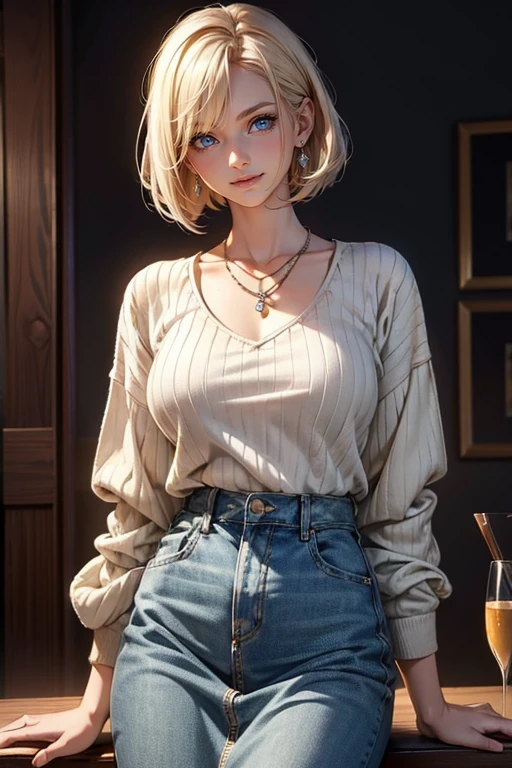 (masterpiece:1.2, highest quality), beautiful illustrations, (natural side lighting, movie lighting), 1 girl, 16 years old、perfect face, Cute symmetrical face, shiny skin, shiny skin, (blonde、one length bob:1.3)、Bob Wanlen、blue eyes、hair between eyes, slanted eyes, long eyelashes, Medium chest, thin,  beautiful hair, beautiful face, beautiful clavicle, beautiful body, beautiful breasts, beautiful thighs, beautiful feet, beautiful fingers, smile、（(white shirt、denim pants))、((hotel lounge、Coffee cup))、 head tilt,