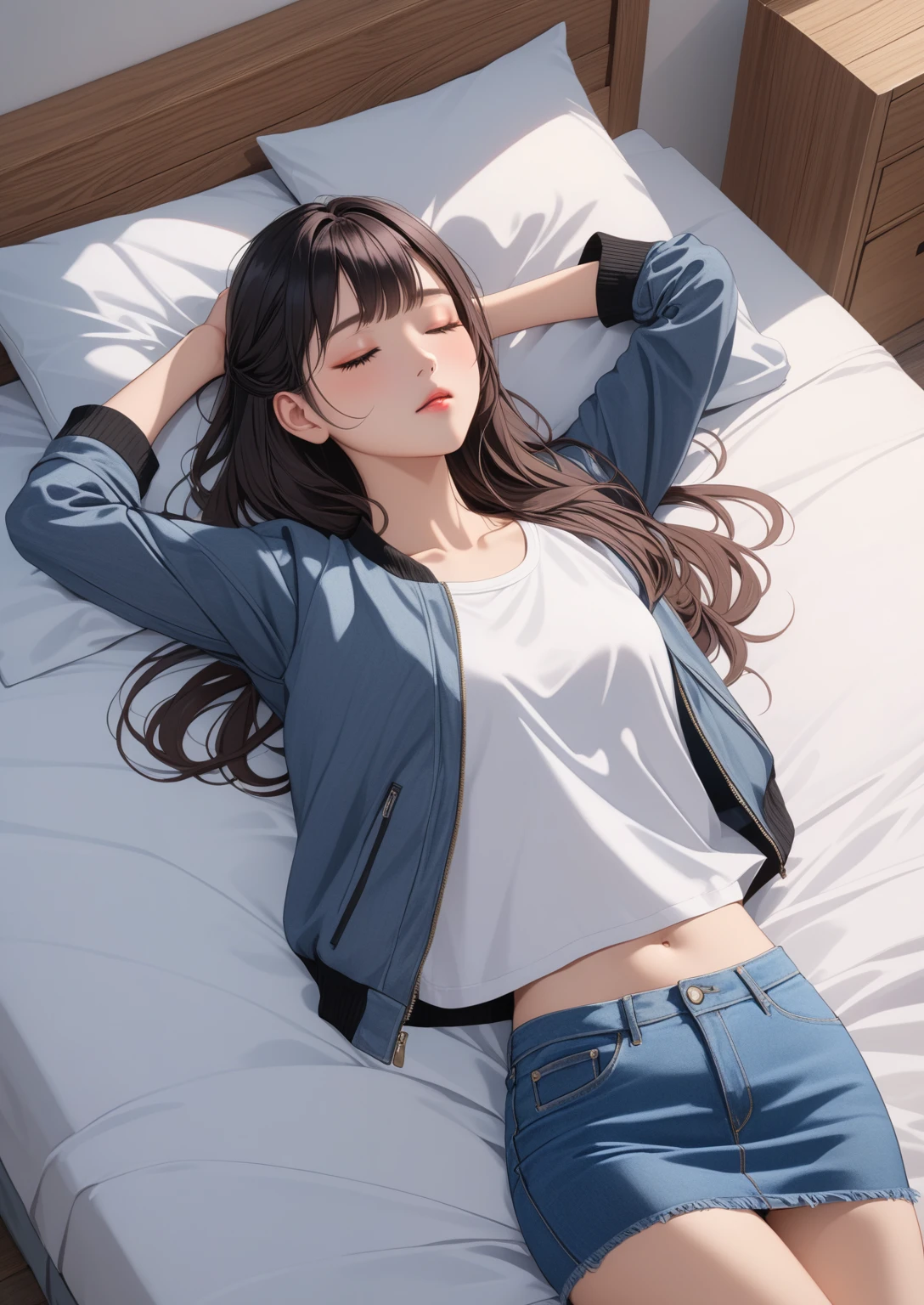realistic anime illustration of pretty young girl is lying down on living room, closed eyes, wearing white long sleeve jacket, black v neck camisole, dark-blue denim tube skirt, black platform sandals, (1girl, solo, full body, front view), (masterpiece, best quality, japanese anime style), (expressive eyes, perfect face)