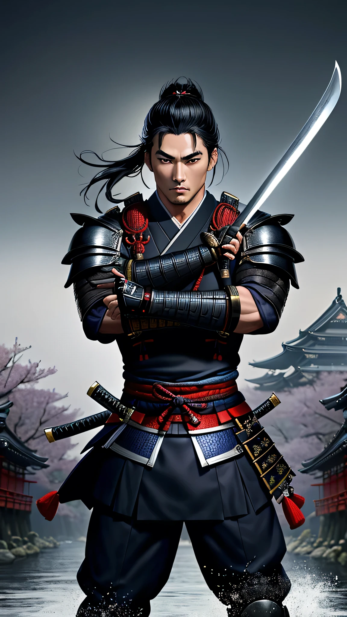 (demon samurai)、(Wearing a Demon Mask)、独奏、Like the whole body、(Armed with a long and large Japan sword)、facing front,magnificent artwork、((Kyoto panel painting style))、Wind-effect:1.9、Cloud Effects:1.2、Blue and black armor、Full Rendering、Encaustic Painting、unrealengine、
