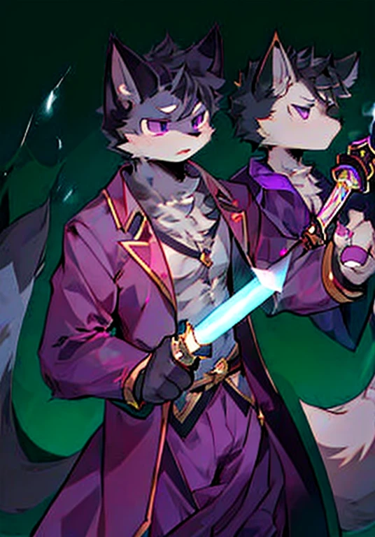 Black Hair，Serious and determined expression，Black and purple outfit，Purple Eyes，White fur，Big furry tail，Magic sword in hand，Male cat，The Boys，Handsome