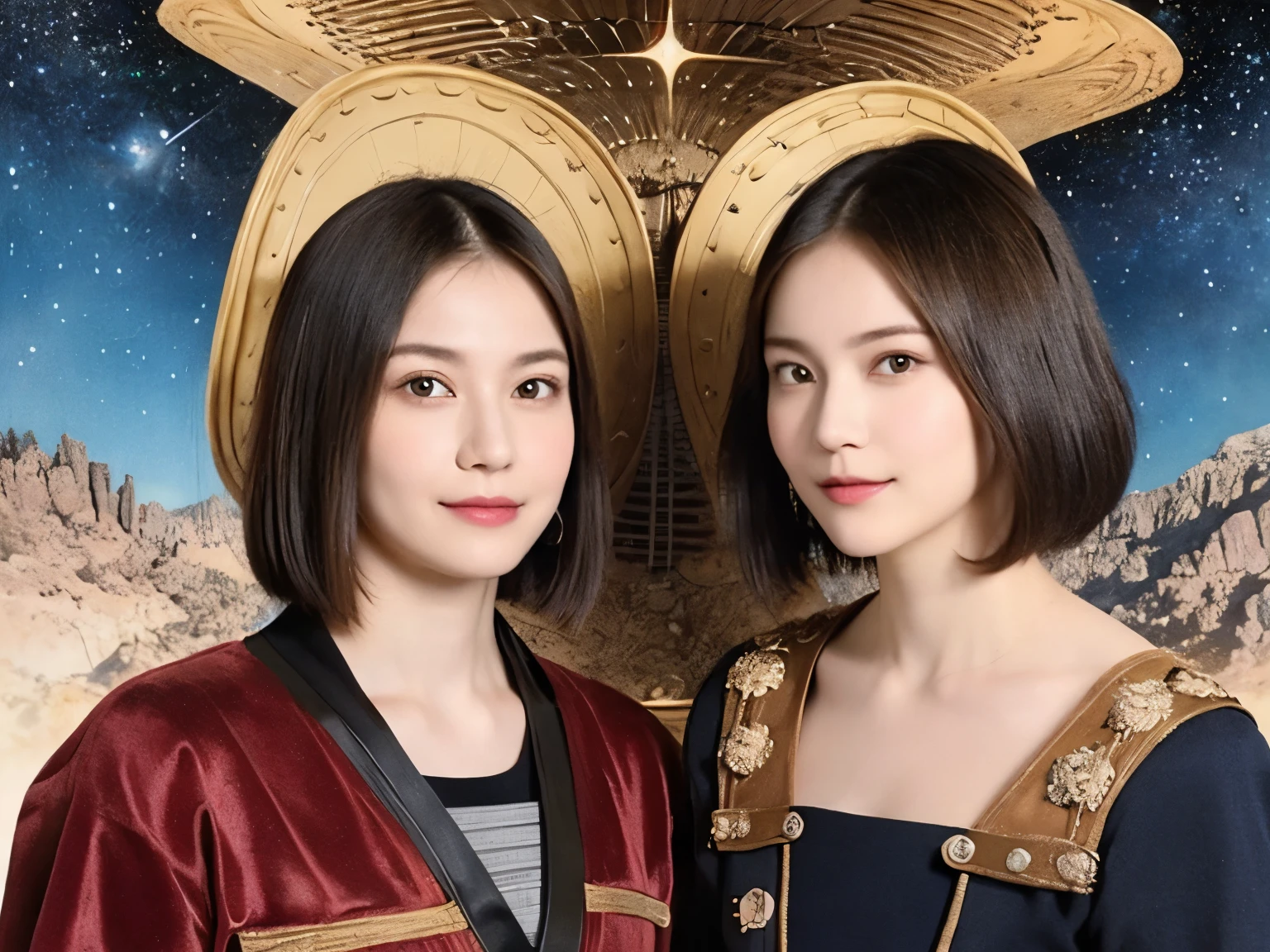 294 (20-year-old woman,short hair,20-year-old male), (A kind smile), ((Spaceship,captain)), (colorful), (Leonardo da Vinci paintings), flower, Space Suit, Pirate Ship, nebula, milky way