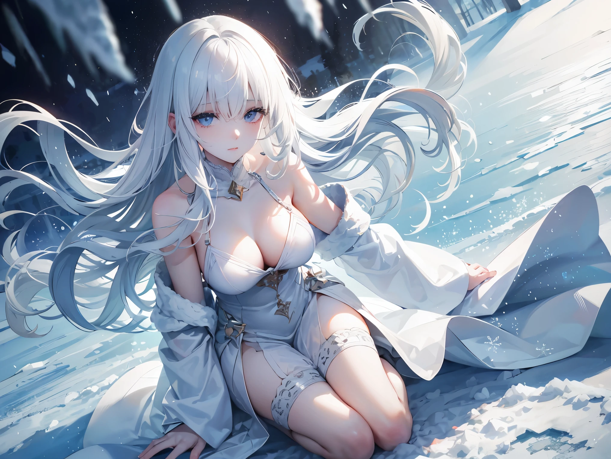 ((best quality)), ((masterpiece)), (detailed), perfect face, high detailed eyes, Snow Woman, Snow scene, snowstorm, ice world, white hair, long hair, floating hair, empty eyes, gaze, Bare chest, white outfit, kneeling