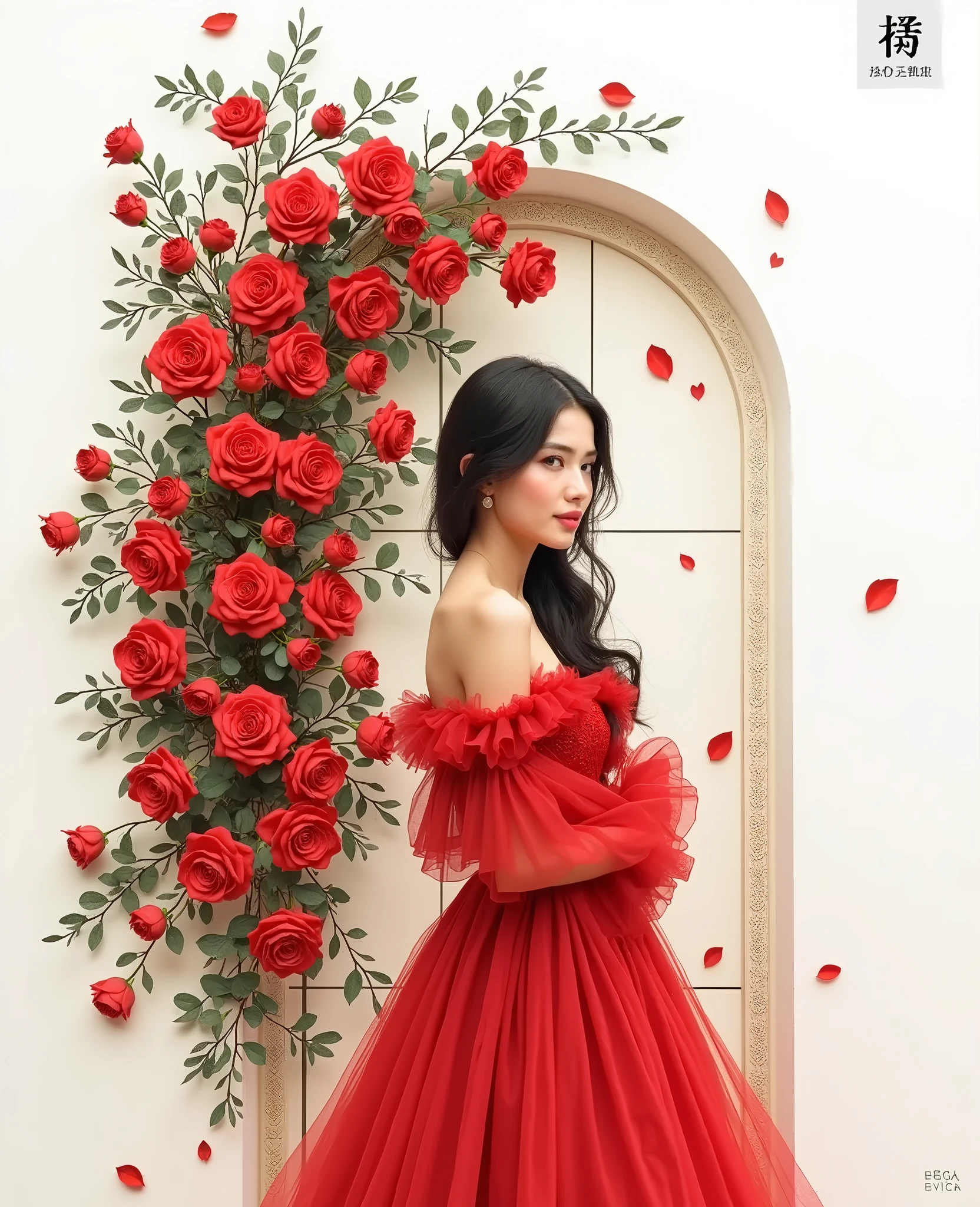 Arafed woman in a red dress standing in front of a wall with roses ...