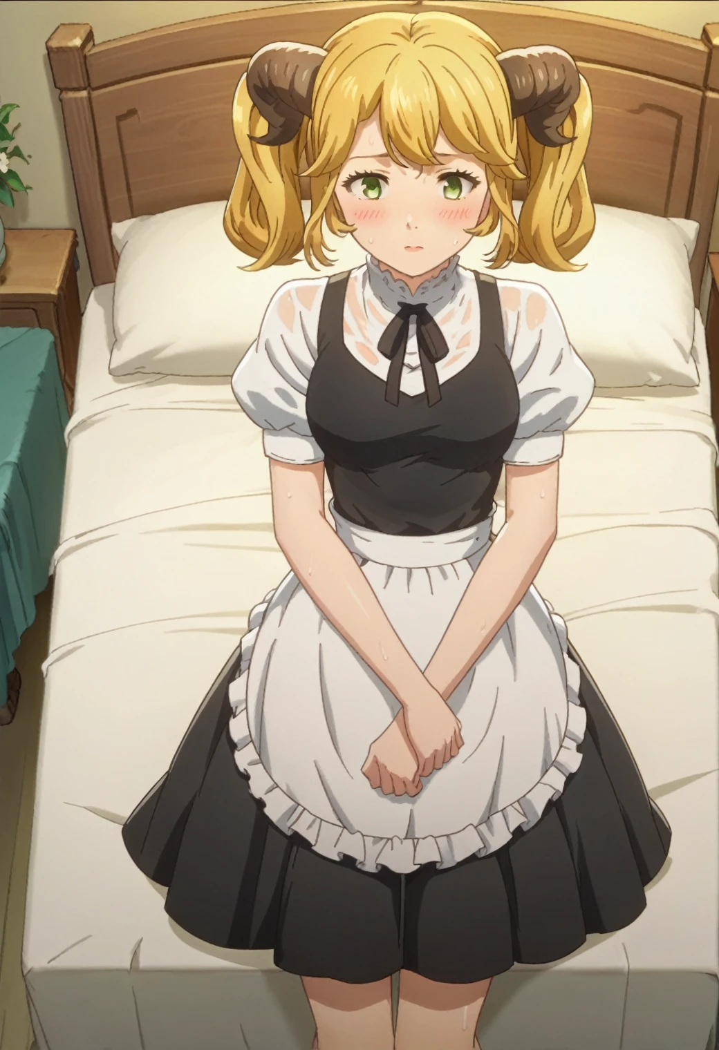 score_9, score_8_up, score_7_up, 1girl, solo, anime screencap, aletta, twintails, horns, black dress, puffy sleeves, white shirt, black ribbon, waist apron, maid,, indoor , bed room, on bed, thighs, bare foot, blush, , wet hair, , sweat,