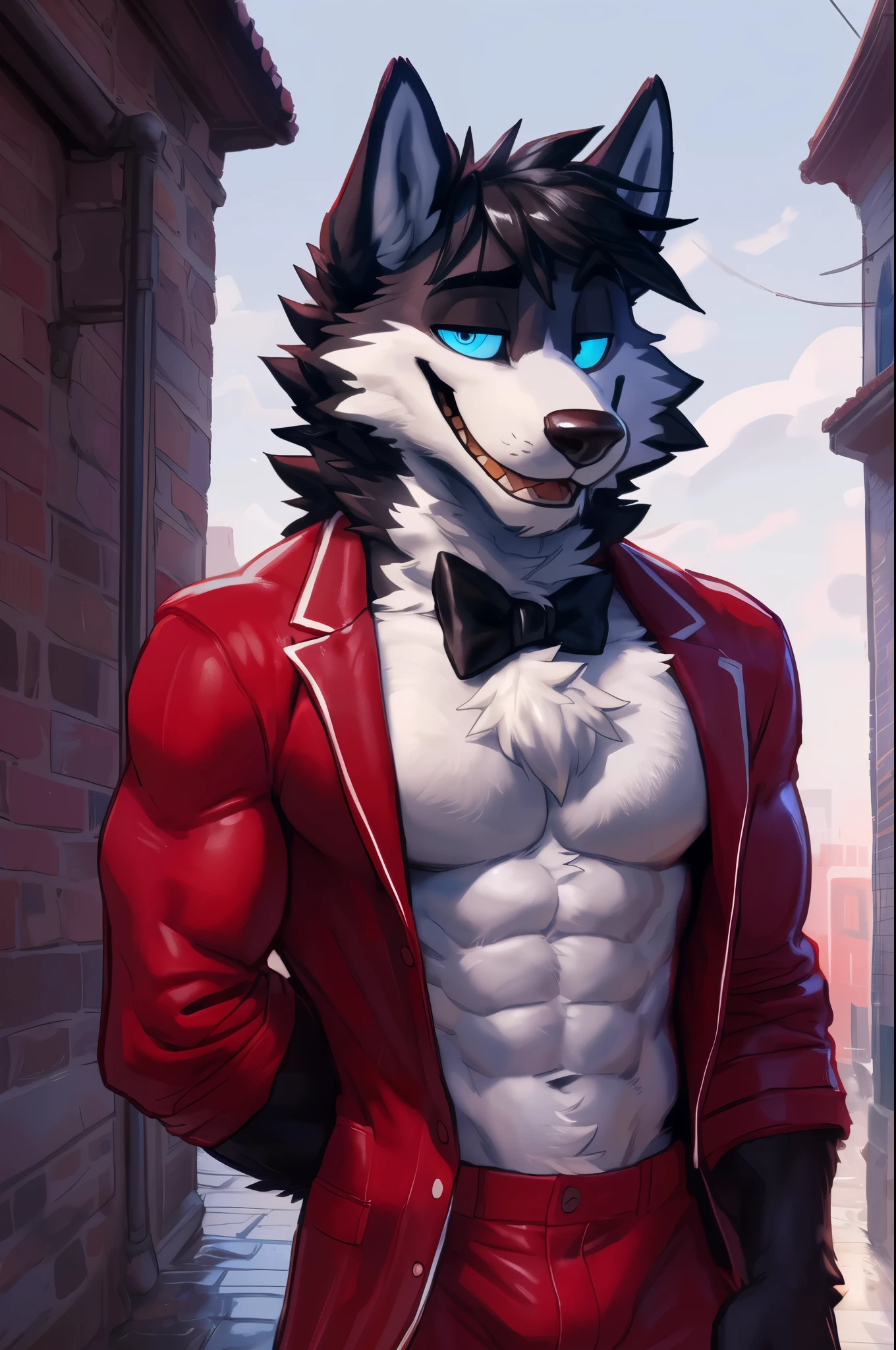 (((Atlas wearing a bloody suit, red blood suit and tie, Creppy face, scary face , male focus, male, by takemoto Arashi, male, solo, wolf (Atlas a all white fur, all white body Wolf with blue eyes and nose and black hair An artwork ), wearing a red suit and tie,all white fur, all white body, bare, muscular build, muscular, muscle, chest, fluffy, realistic,))), day, , sensual, detailed, uploaded to e621, beautiful and detailed of an anthropomorphic , (((male))) uploaded to e621, zaush, foxovh, movie lighting, body, alone, movie cover, detailed, 8k res, hires, detailed eyes, good anatomy, good perspective, towards viewer, by bebebebebe, by sicklyhypnos, by gerkk, by orf, nice hands, perfect hands, happy, romantic, ray tracing lighting, rtx on
