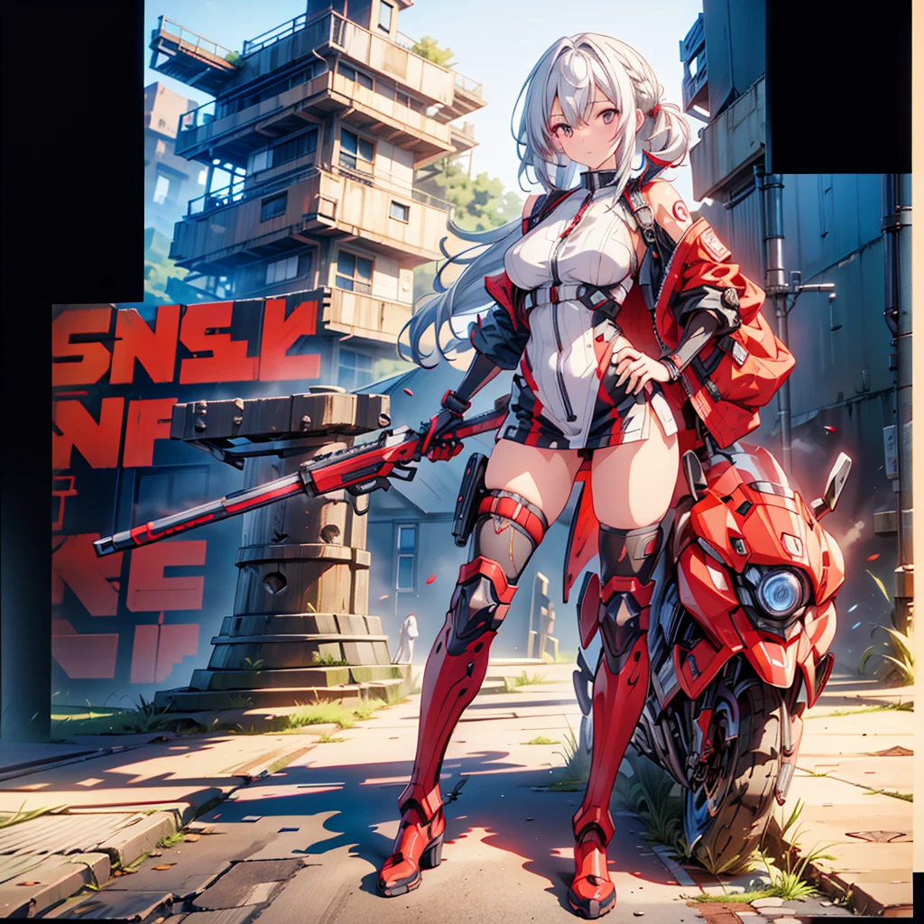 Perfect Anatomy、(masutepiece, Best Quality), (Perfect athlete body:1.2), (detailed hairs), Ultra-detailed, Anime style, Full body, Cyberpunk Ninja Gunner Girl, Wearing Techwear, Red Accessories, Wielding a huge high-tech gun, Black and white hair, stew, Mechanical arm guard, Wear high-tech boots, 8K High Resolution, trend artstation, White background, Standing in the wasteland, Whole body,