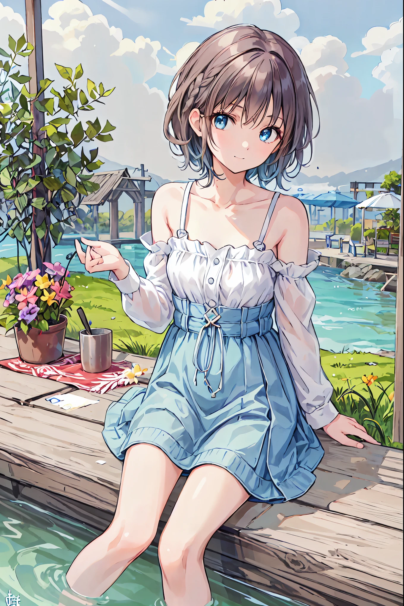 masterpiece, best quality, (ultra-detailed, 8k, uhd), (kawaii background:1.3), (extremely detailed, fine touch:1.3), (hard light, studio light, light rays, dappled light, reflection, shadows, ray tracing:1.0), pov, girl, white blonde short hair, full body, sky, cloud, flower, glass shoes, (clover, flowers:1.3), (sitting, legs apart:1.3)